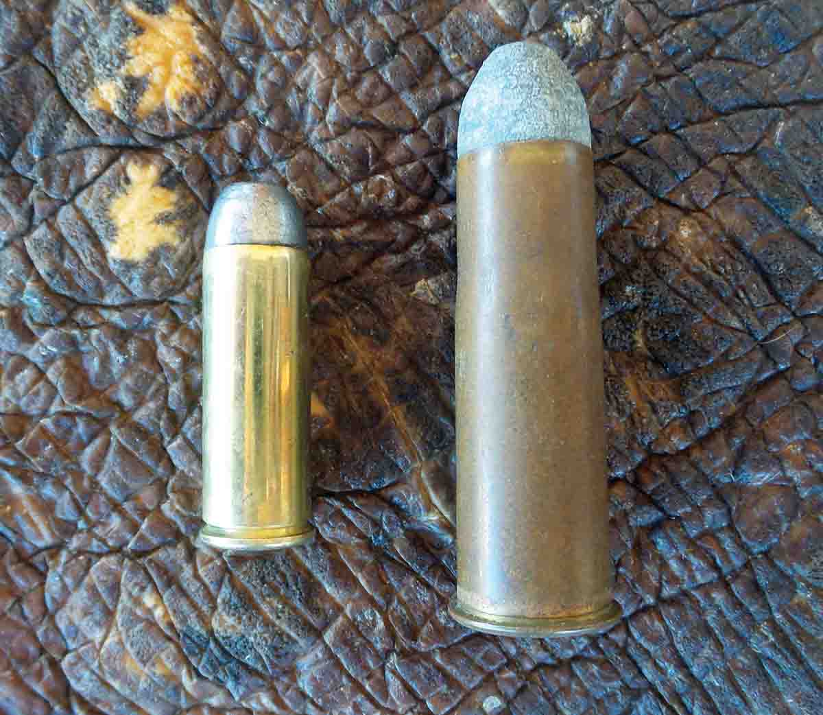 Shown are a (left) .44 Magnum cartridge and a .577 Snider.